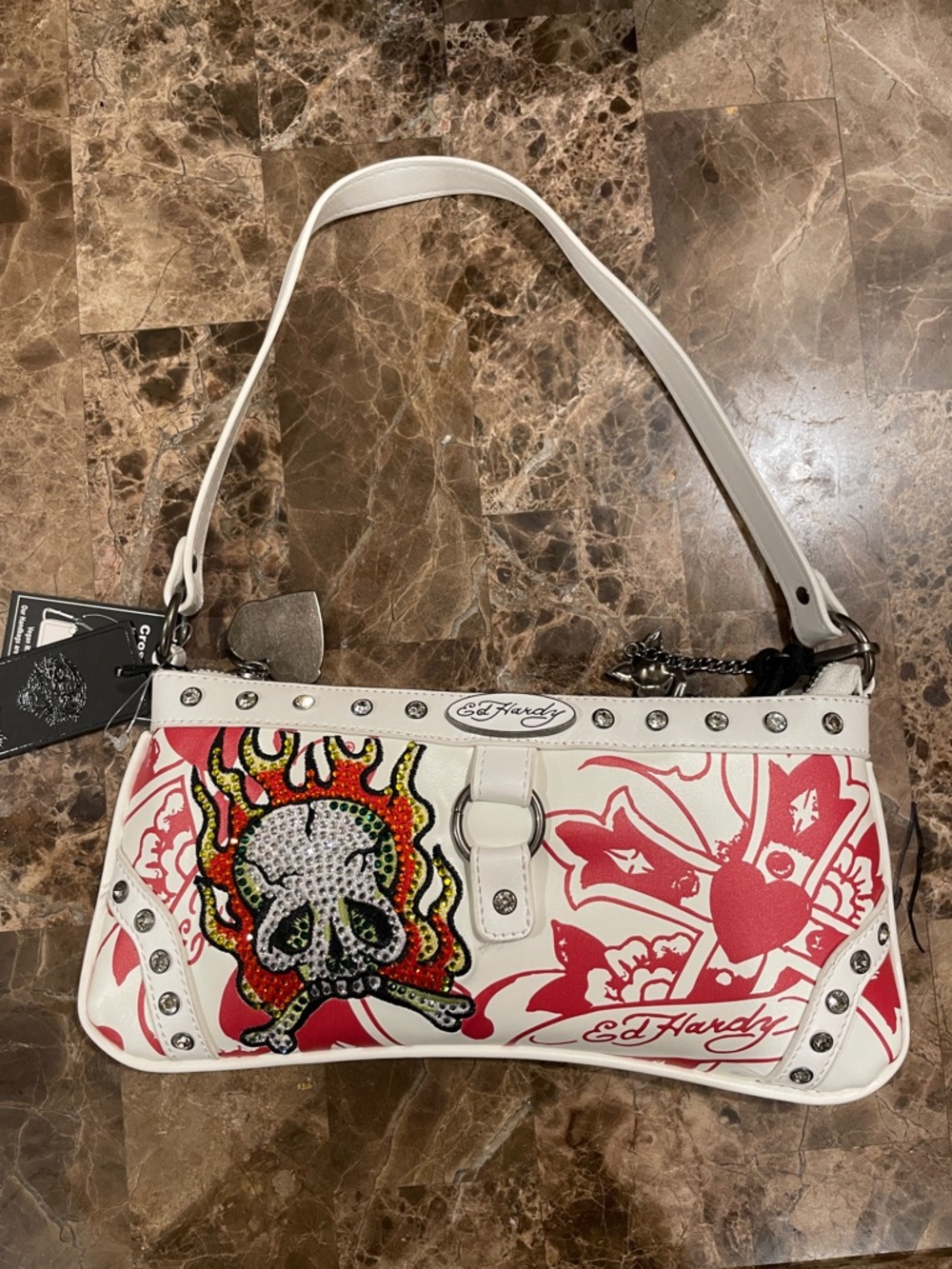 Ed Hardy White Shoulder Bag with Pink Graphic Skull